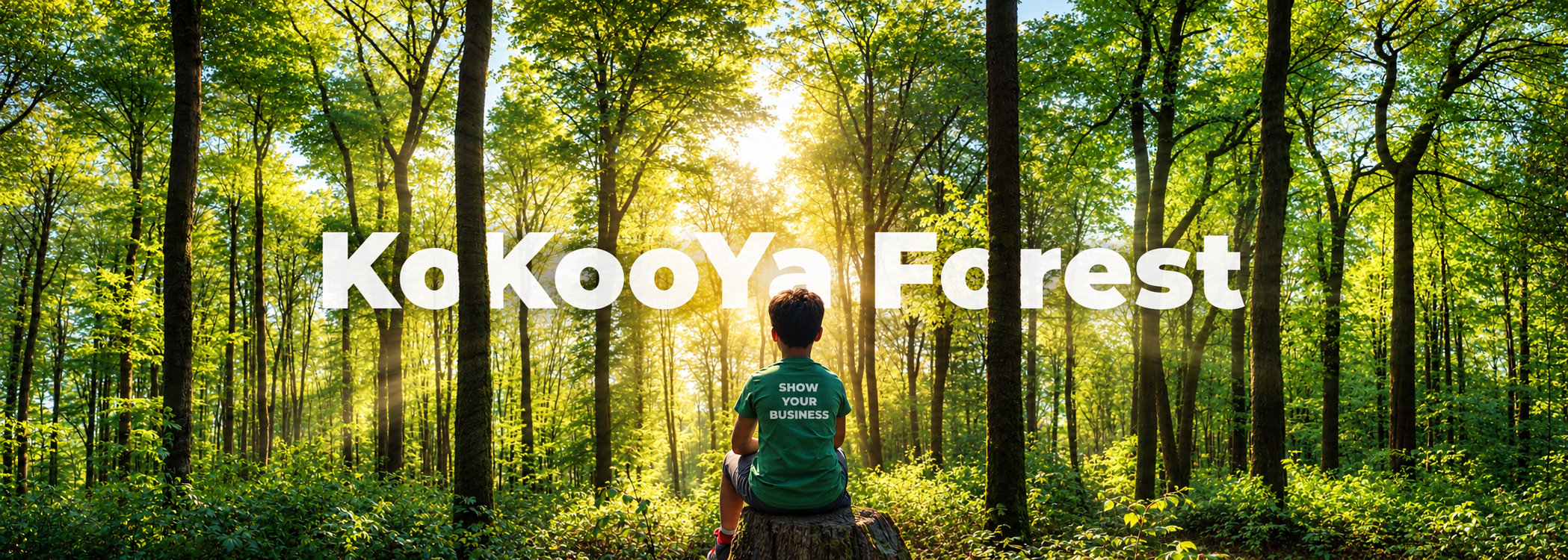 KoKooYa Forest nel cuore del bosco A child in a KoKooYa t-shirt sitting in a sunlit forest, with the words KoKooYa Forest